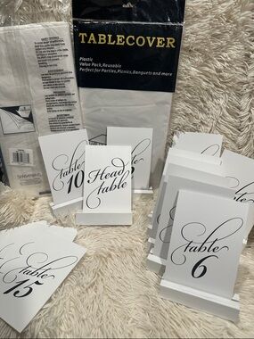 White Table Number Cards & Holders with Black Script